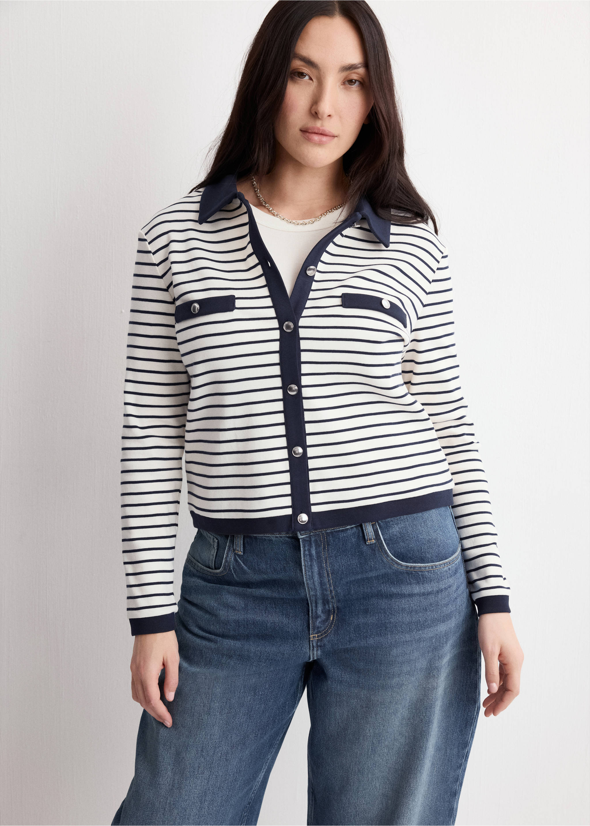 Striped cardigan with jewel buttons - Details of the article 5, Navy. Ref: 27054083-00.
