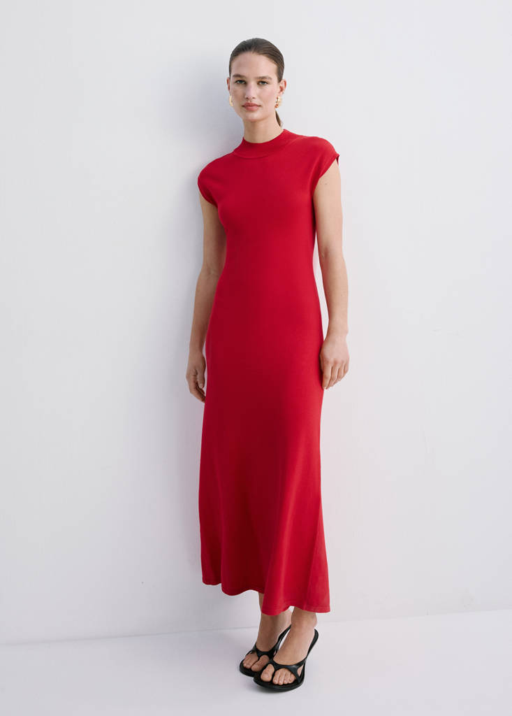 Perkins-neck knitted dress — Red