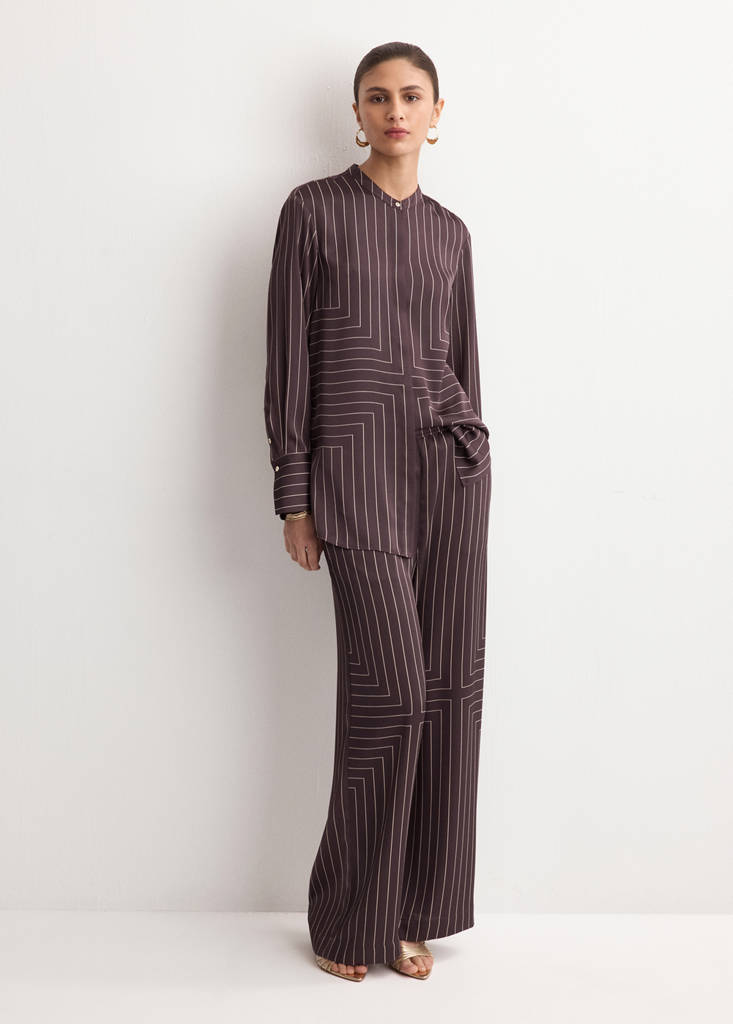 Geometric-print satin trousers — Chocolate