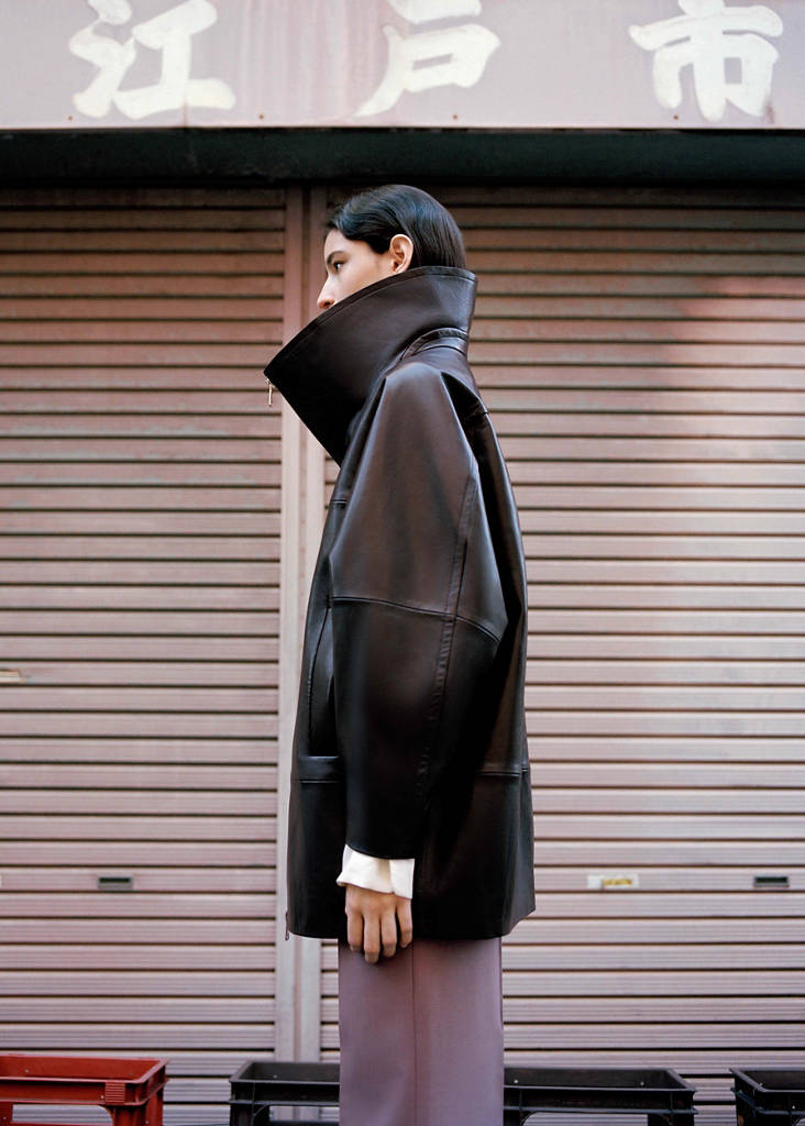 Oversized funnel neck fur coat — Burgundy