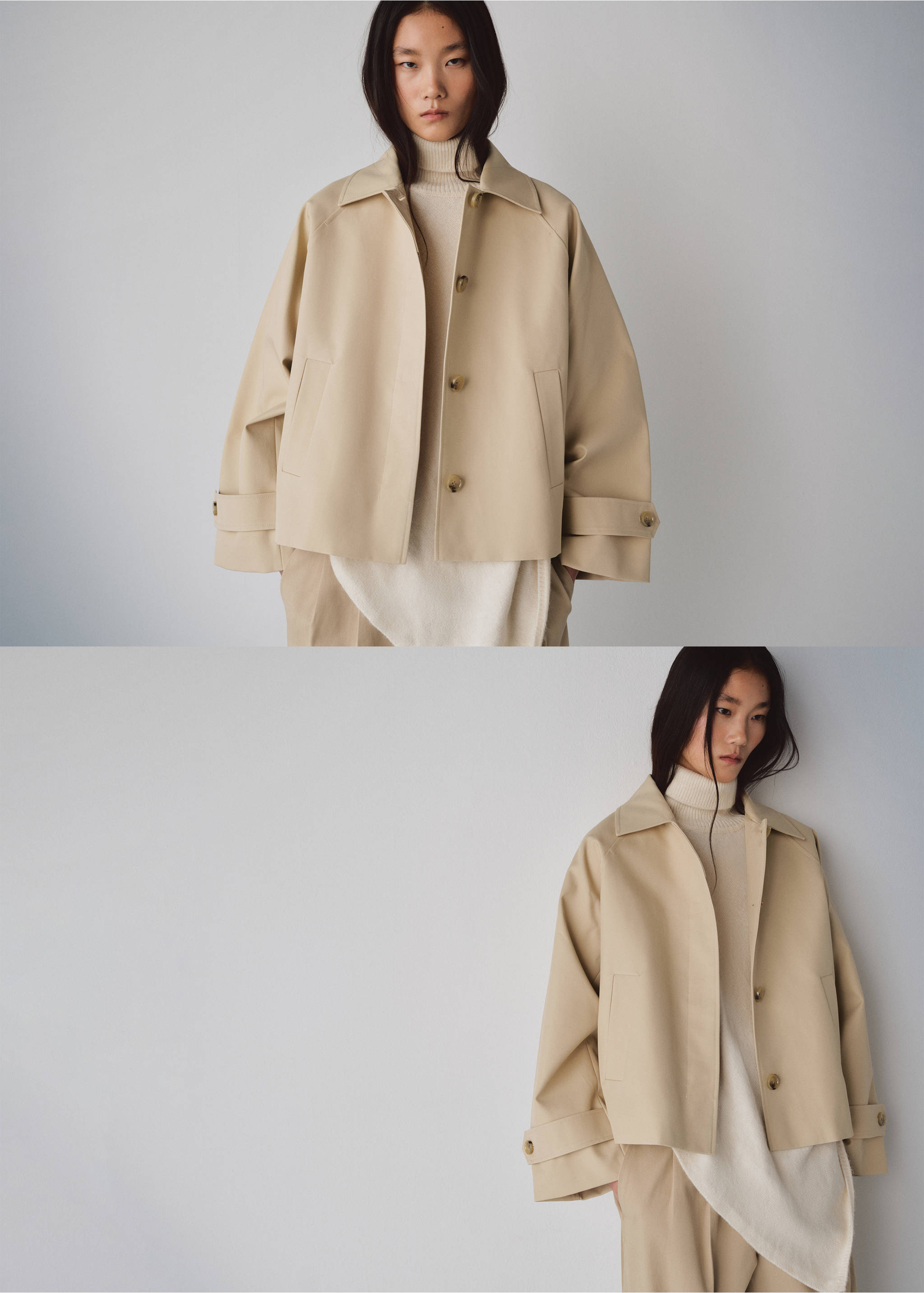 Oversized short trench - Details of the article 1, Beige. Ref: 27054774-00.