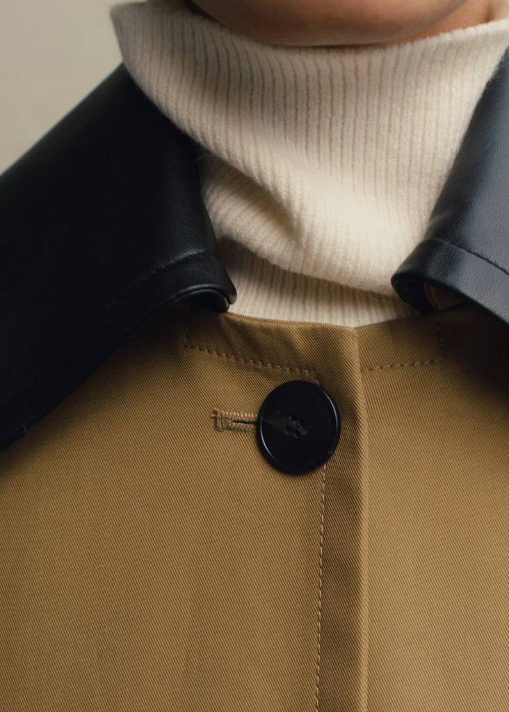 Trench coat with faux leather collar
