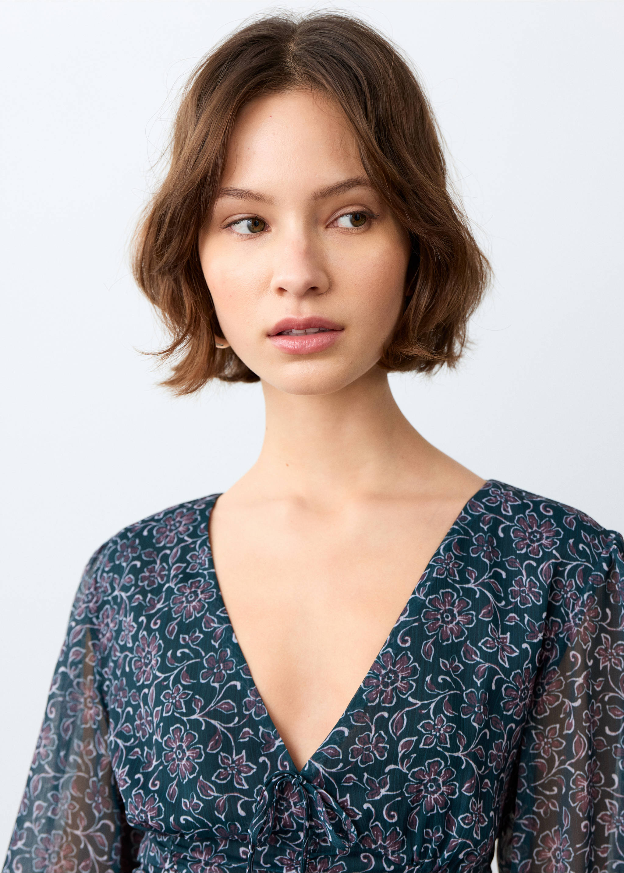 Ruffled printed dress - Details of the article 1, Petrol Blue. Ref: 27054781-00.