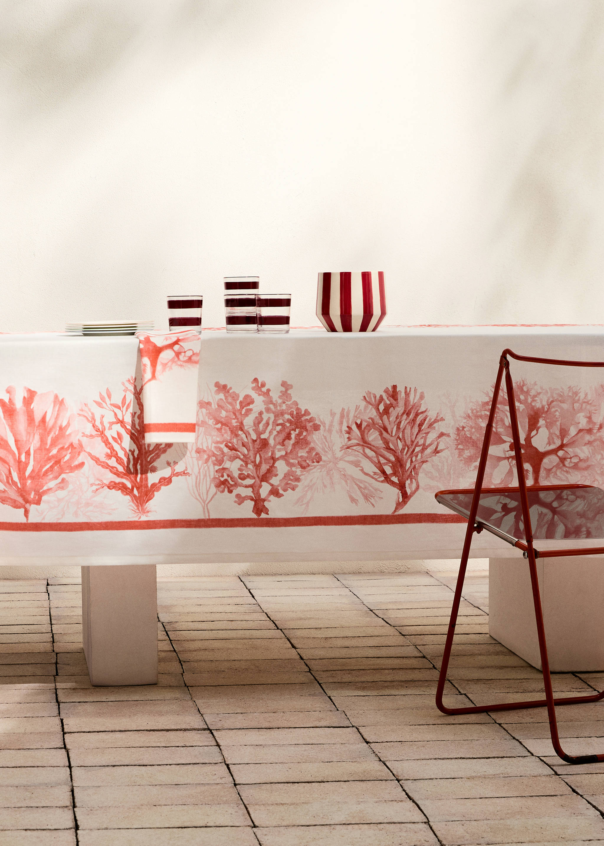 Mantel algodón lino estampado coral 6 a 8 comensales - Plano general