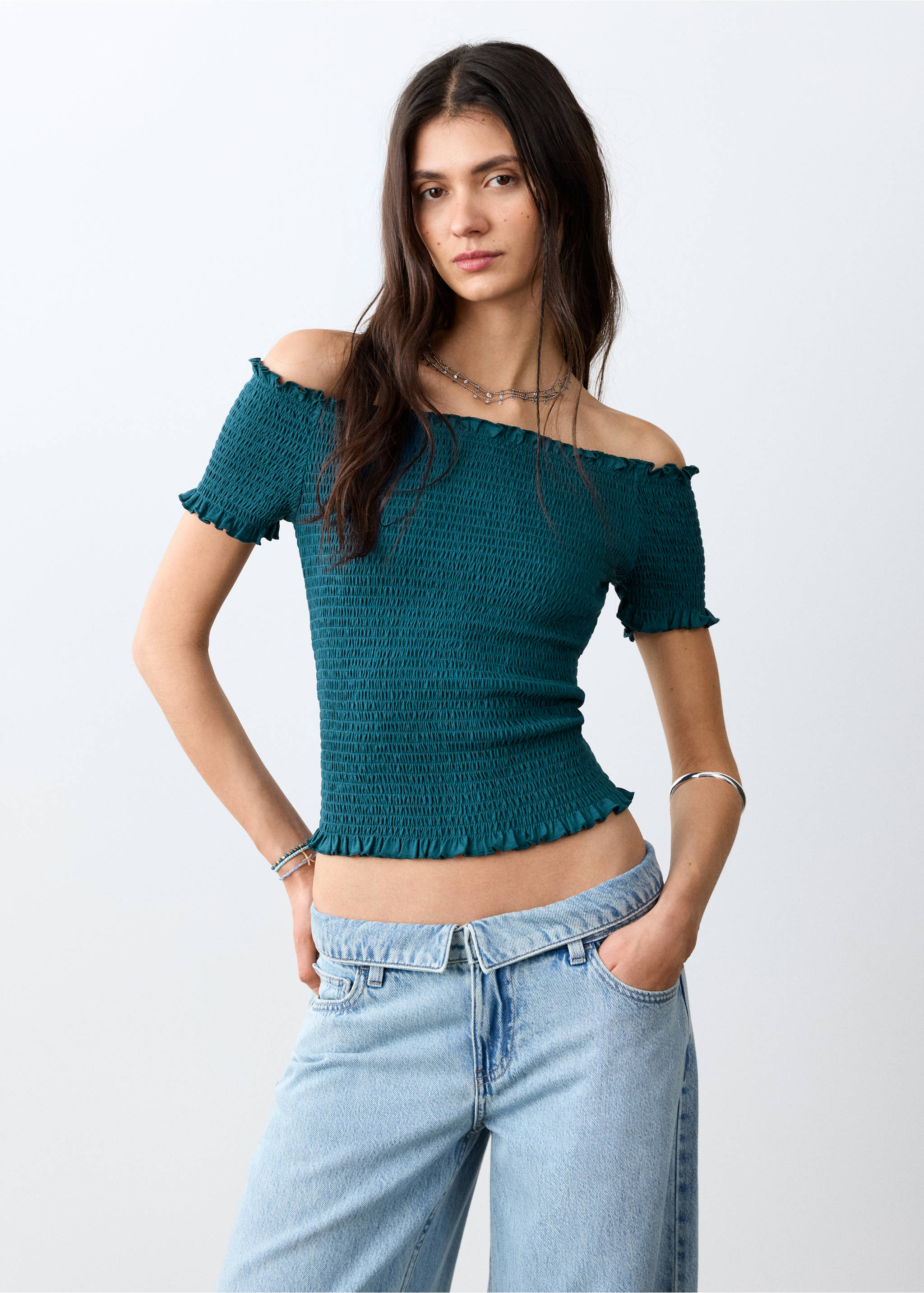 Draped crop top - Medium plane, Petrol Blue. Ref: 27055160-00.