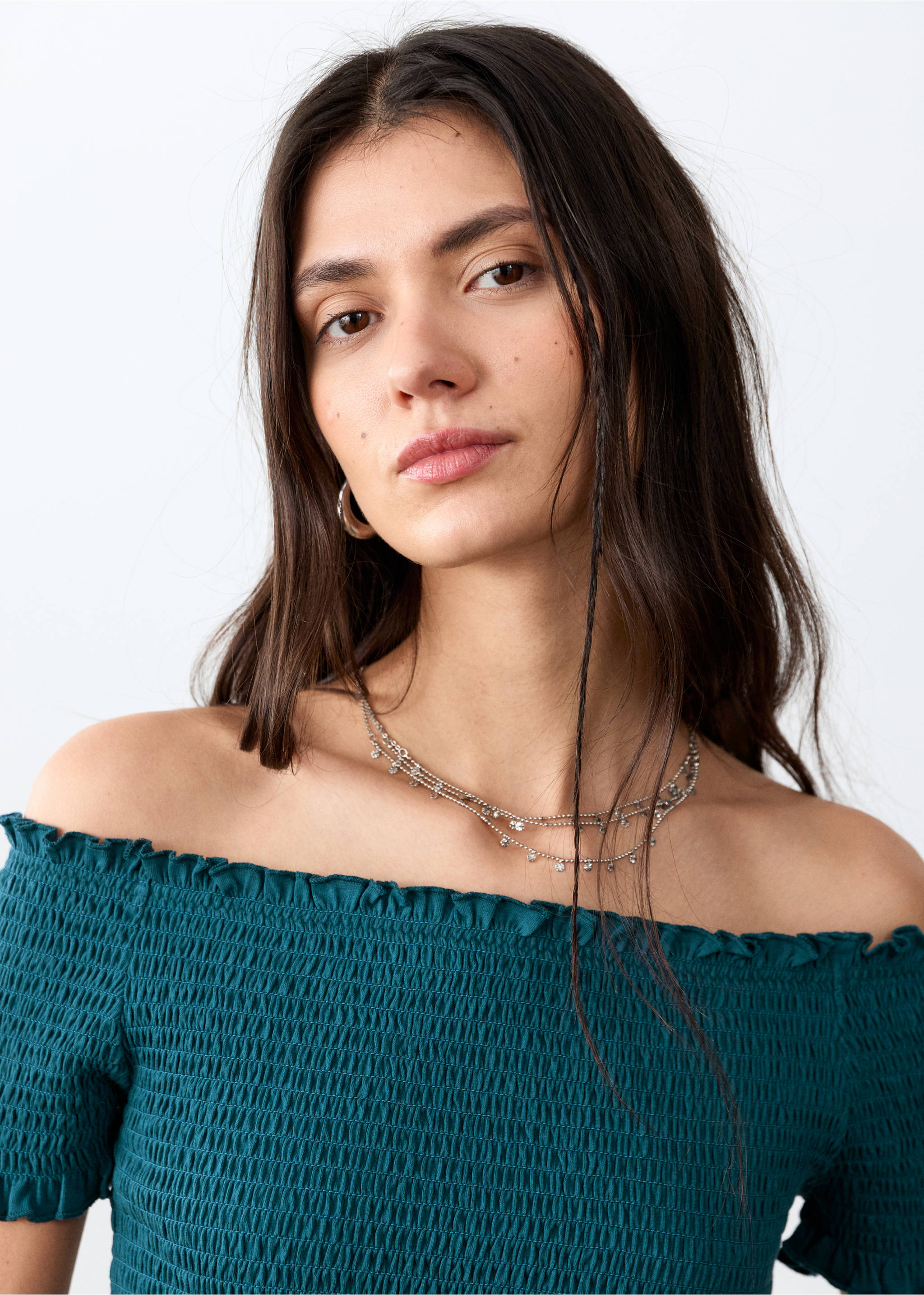 Draped crop top - Details of the article 1, Petrol Blue. Ref: 27055160-00.