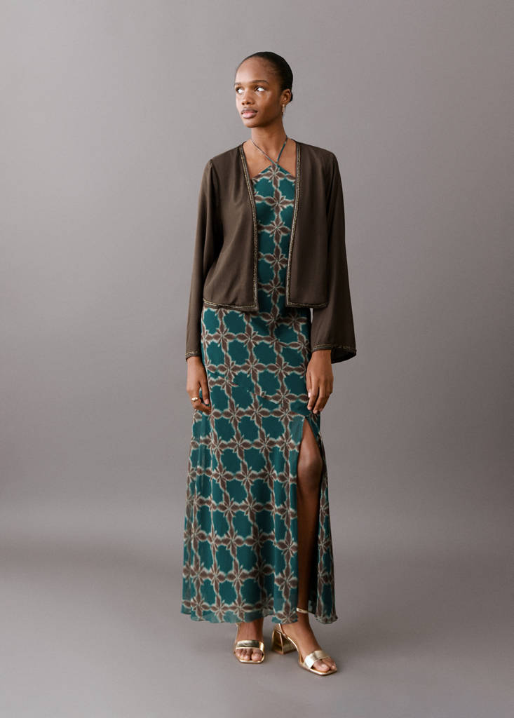 Fluid kimono jacket with shine — Brown