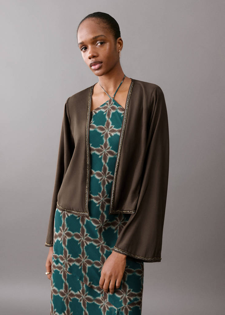 Fluid kimono jacket with shine — Brown
