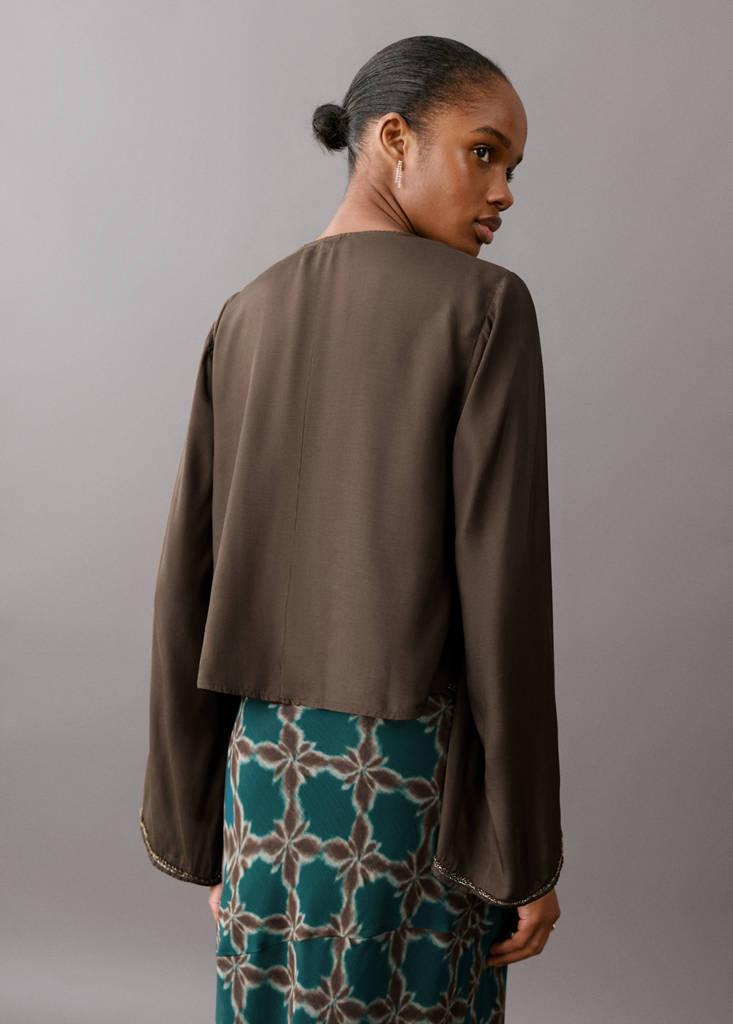 Fluid kimono jacket with shine — Brown