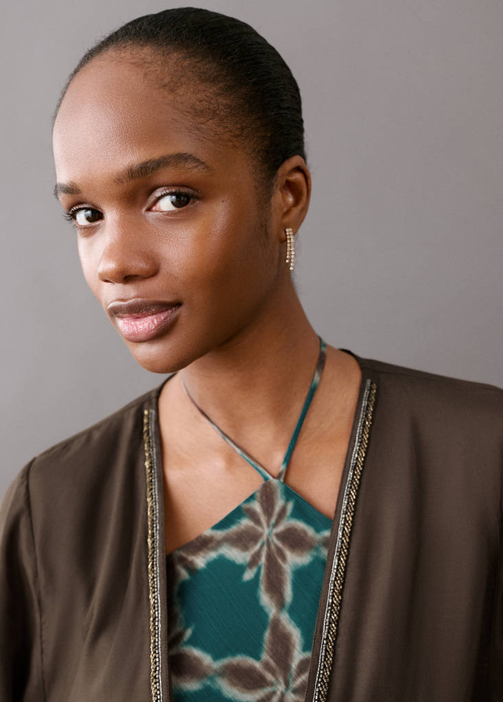 Fluid kimono jacket with shine — Brown