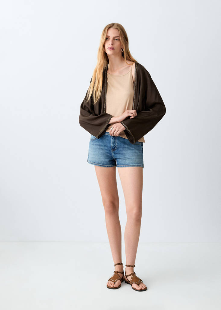 Fluid kimono jacket with shine — Brown