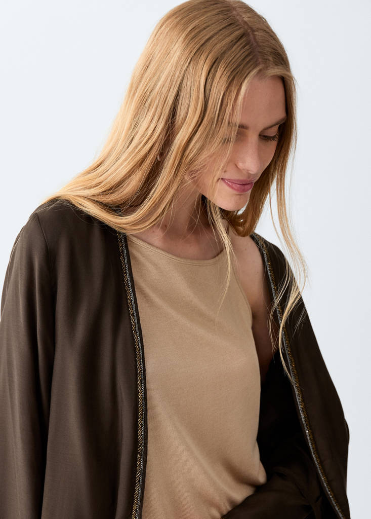 Fluid kimono jacket with shine — Brown