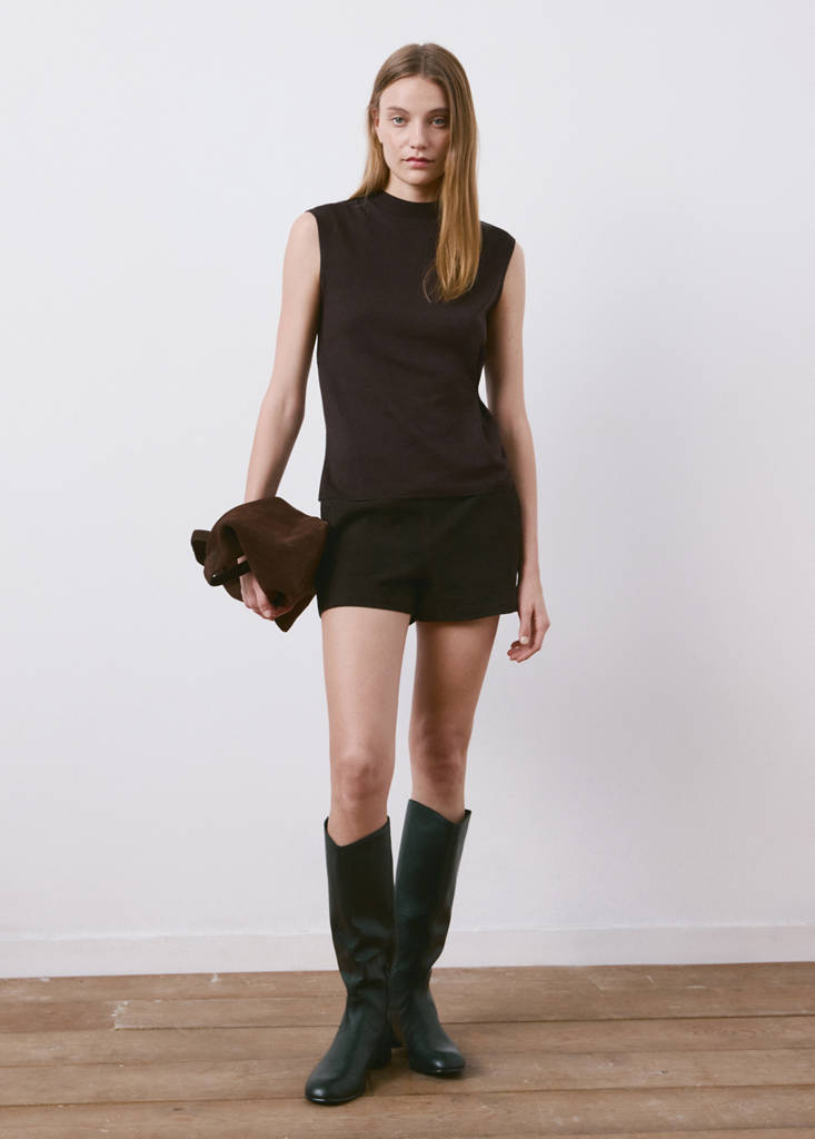 Side gathered knitted top — Chocolate