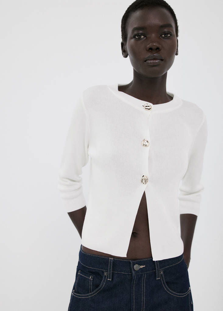 Knitted cardigan with jewel button — Ecru