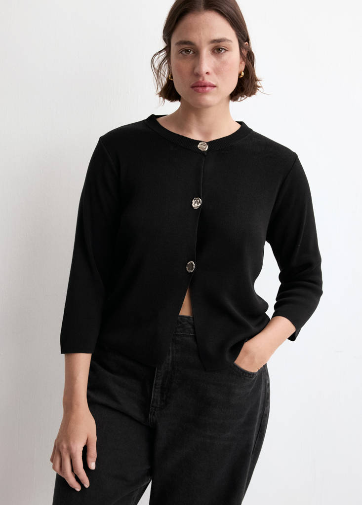 Knitted cardigan with jewel button — Black