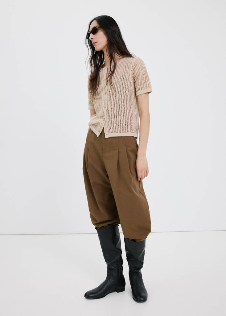 Short-sleeved openwork knitted cardigan — Sand