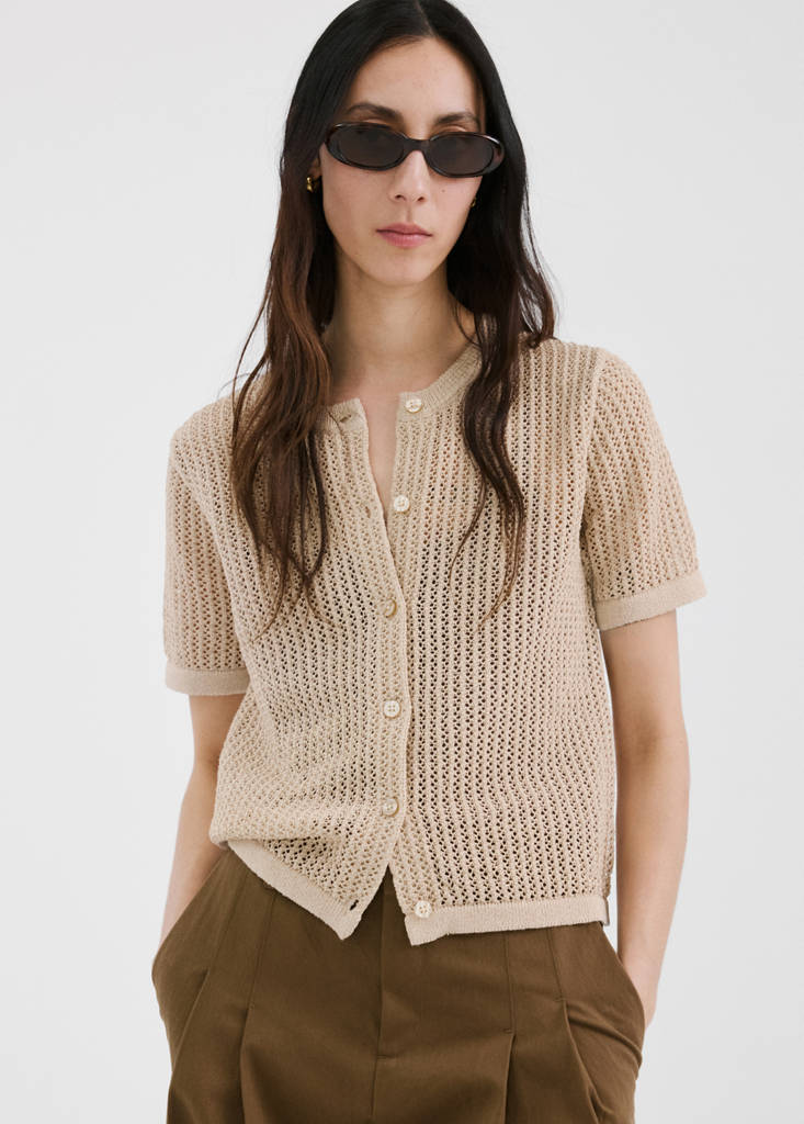 Short-sleeved openwork knitted cardigan — Sand