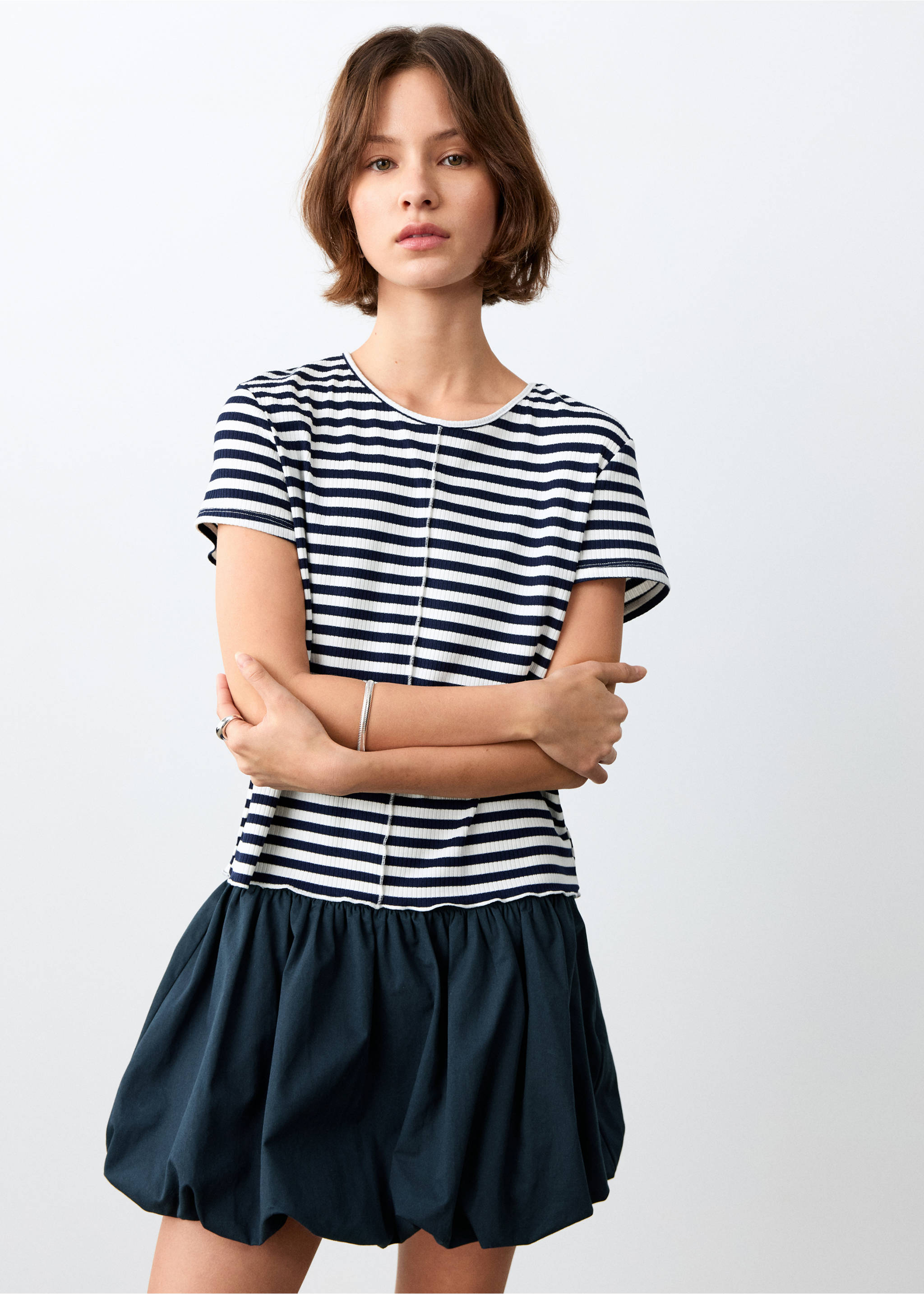 T-shirt manches courtes rayures - Plan moyen, Bleu marine. Ref: 27055836-00.