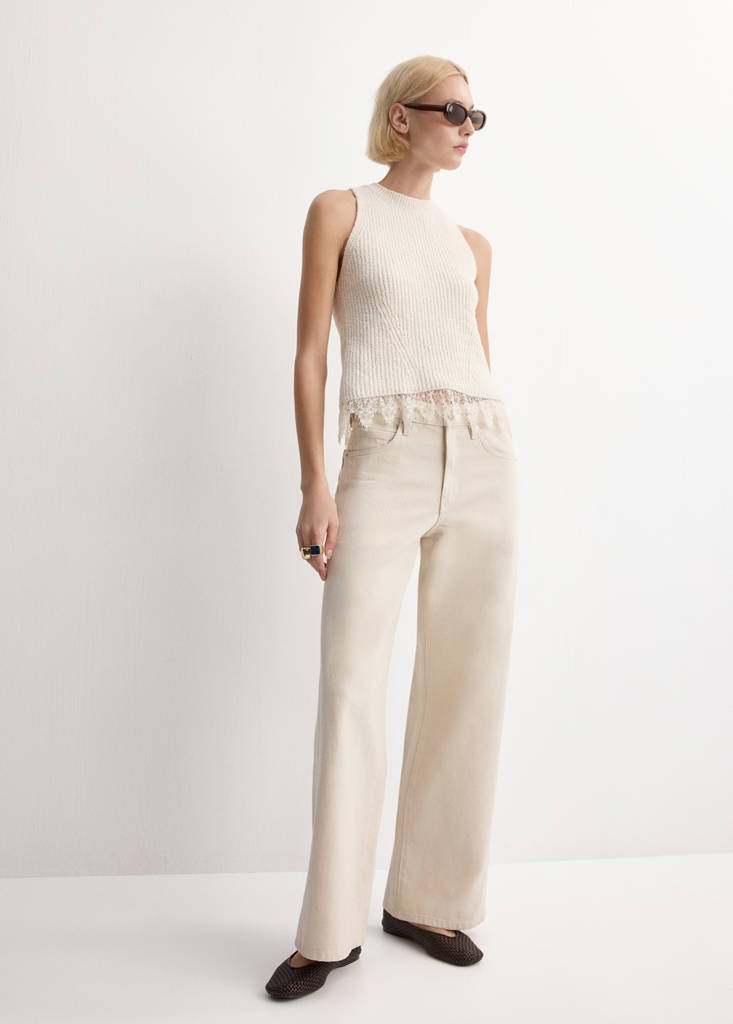 Lace-trimmed knit top — Ecru
