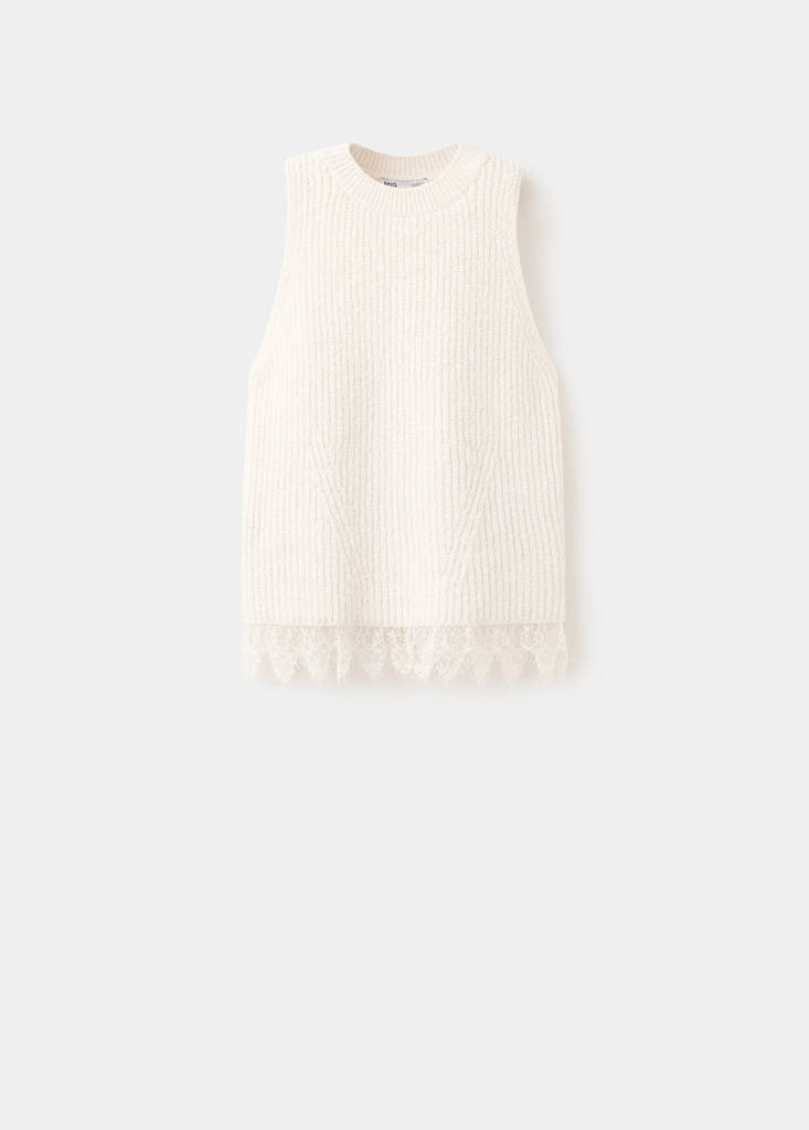 Lace-trimmed knit top — Ecru