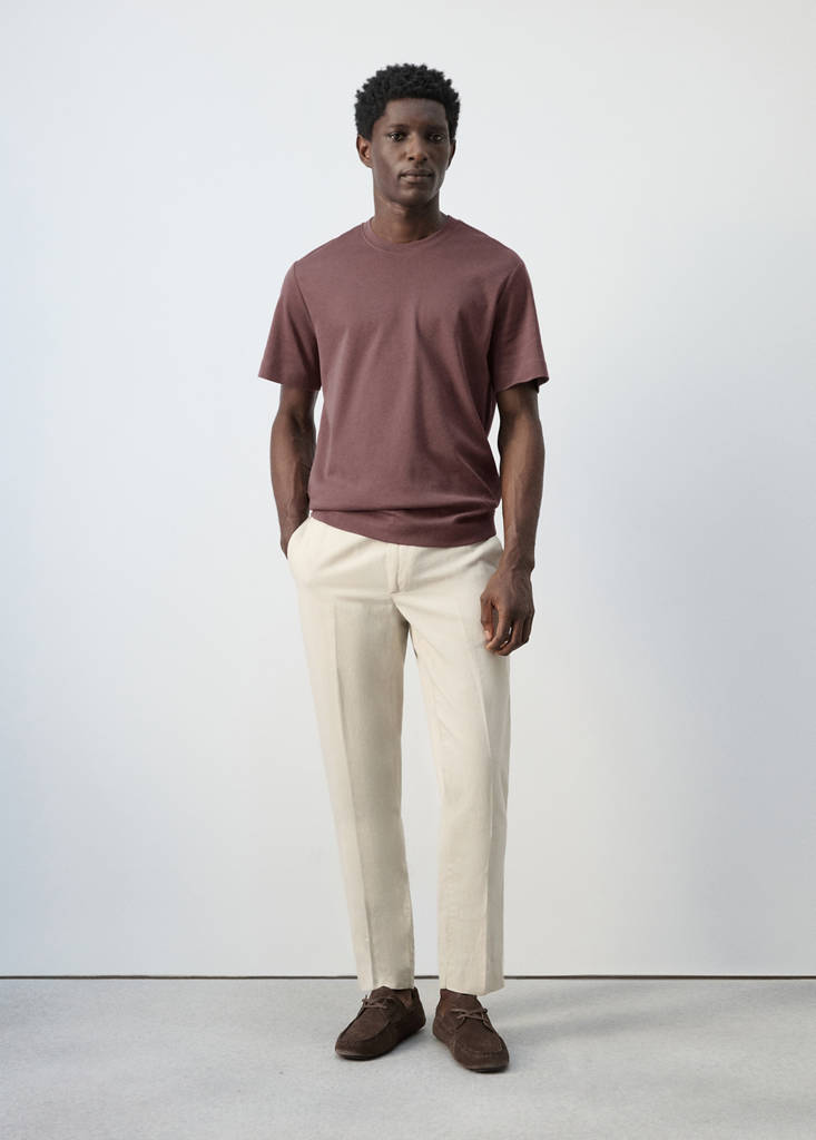 Slim fit cotton-linen blend trousers — Sand