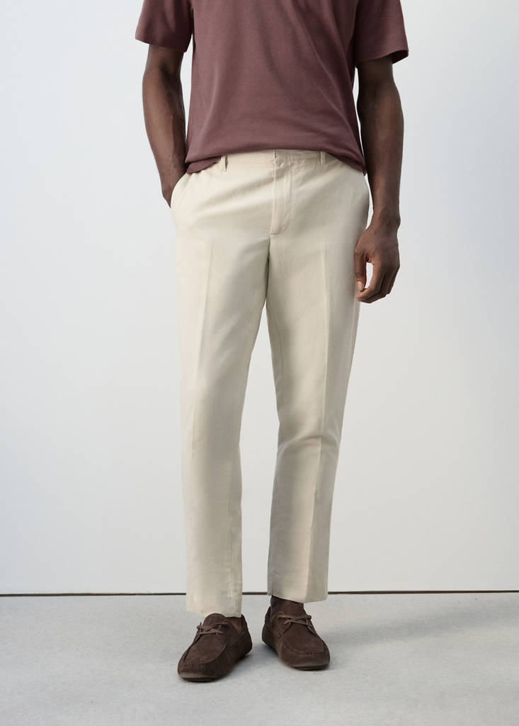 Slim fit cotton-linen blend trousers — Sand