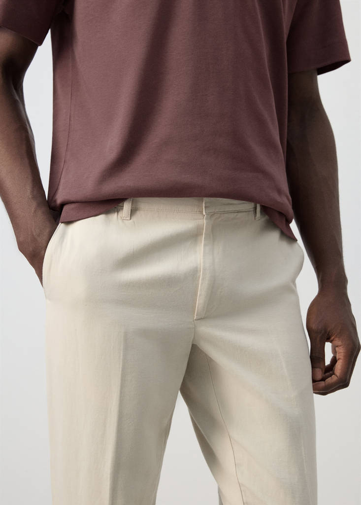 Slim fit cotton-linen blend trousers — Sand