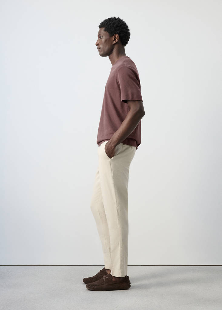 Slim fit cotton-linen blend trousers — Sand