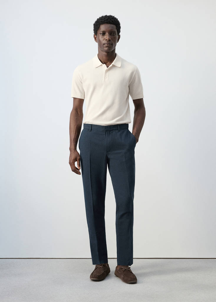 Slim fit cotton-linen blend trousers — Navy