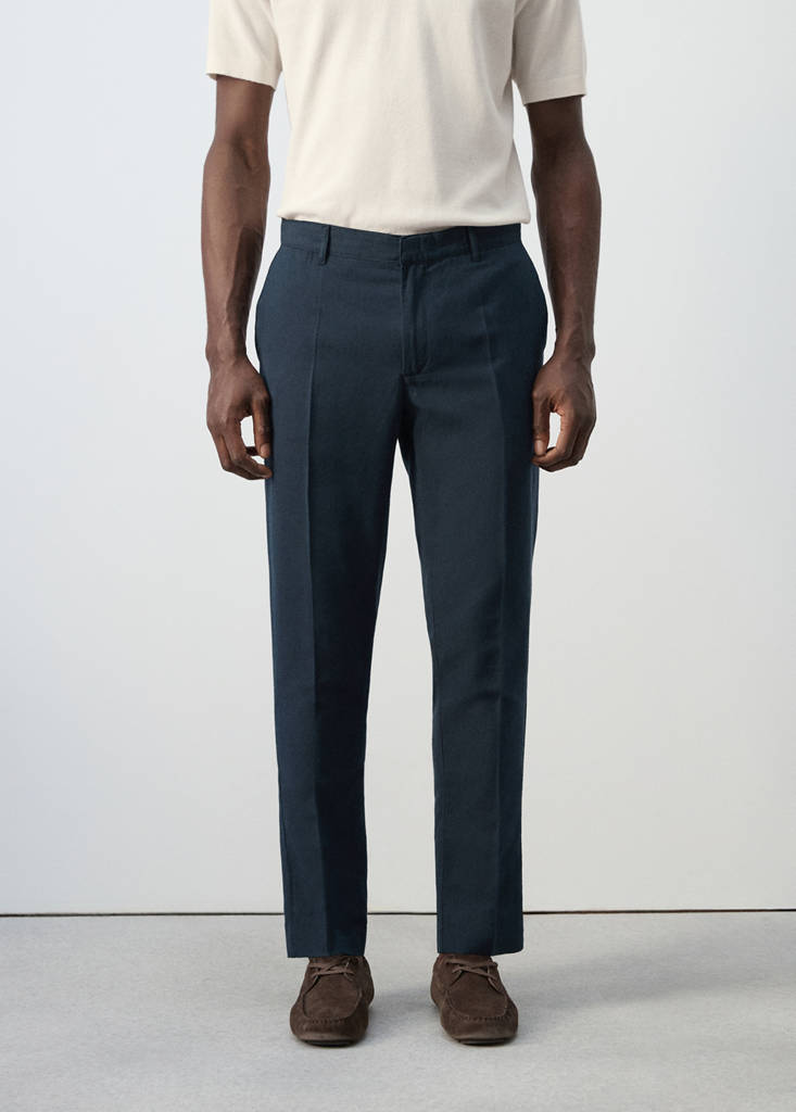 Slim fit cotton-linen blend trousers — Navy