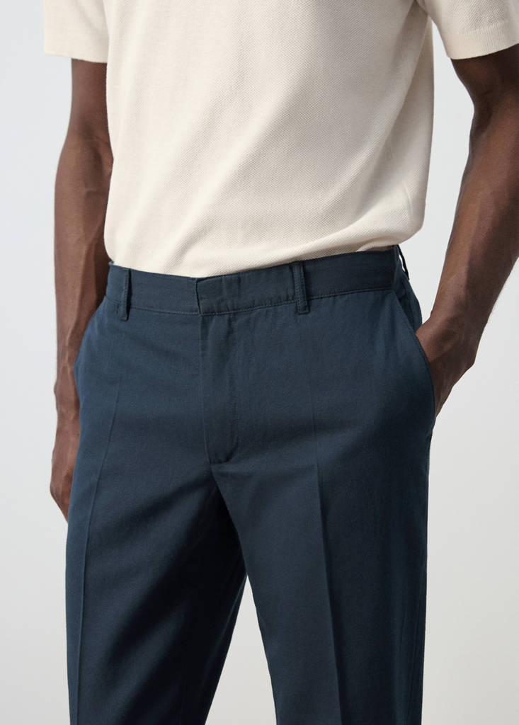 Slim fit cotton-linen blend trousers — Navy