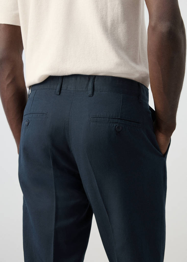 Slim fit cotton-linen blend trousers — Navy
