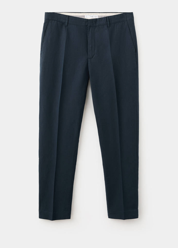 Slim fit cotton-linen blend trousers — Navy