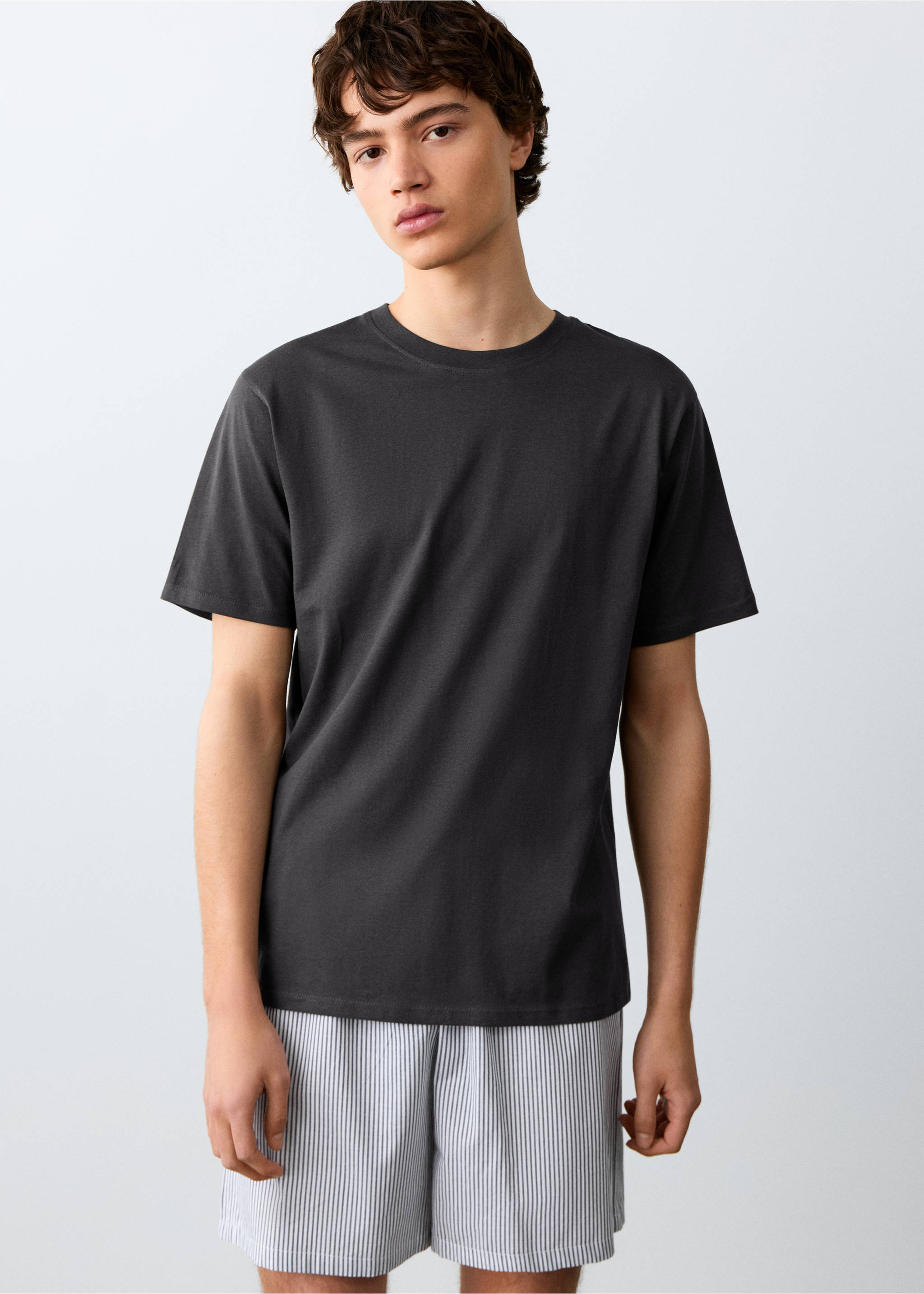 Striped cotton short pyjamas - Medium plane, Charcoal. Ref: 27055934-00.