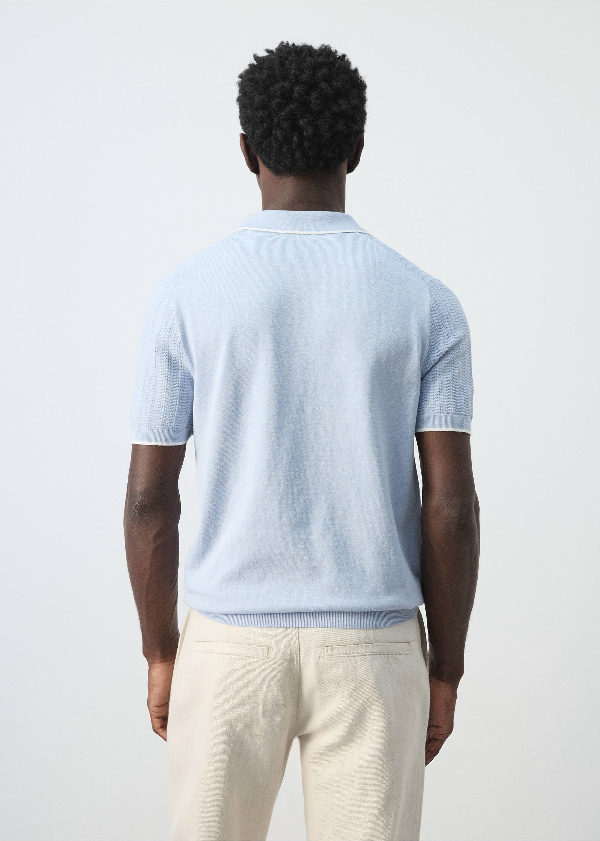 Bluză polo din tricot subțire structurat - Spatele articolului, Albastru celest. Ref: 27055939-00.