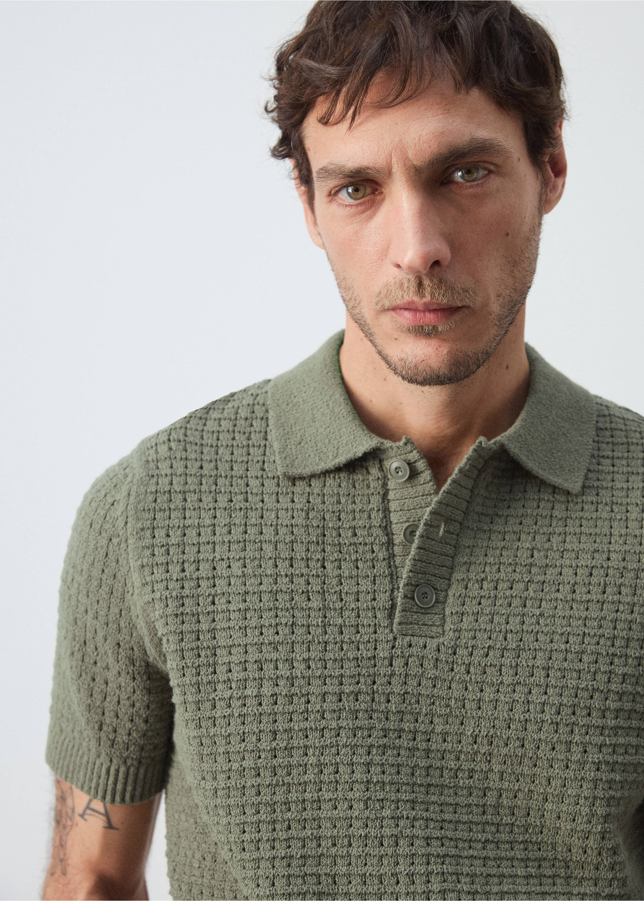 Трикотажное поло с вафельной фактурой - Деталь изделия 1, Зеленый лес. Ref: 27055940-00.