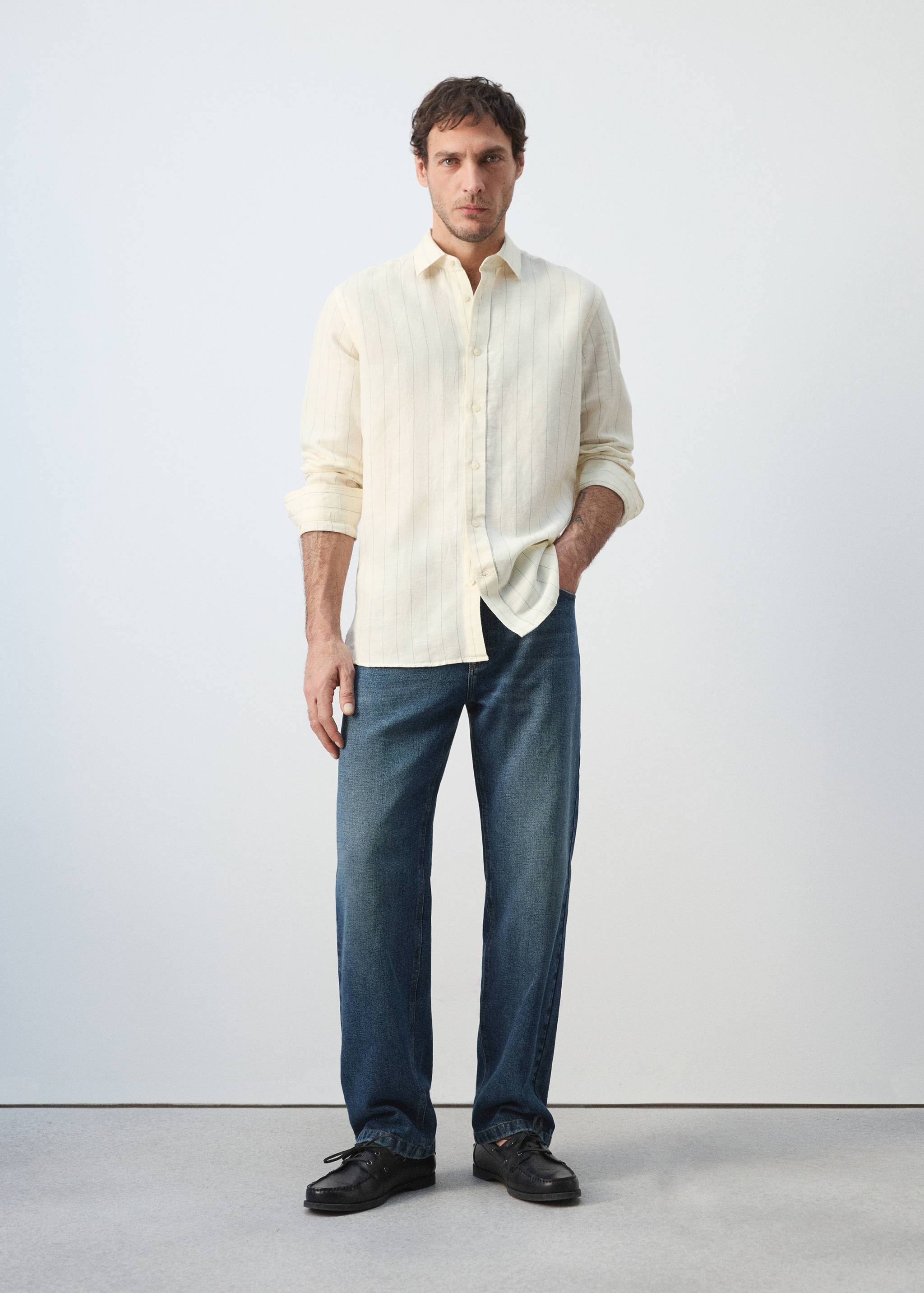 Camisa regular fit lino algodón rayas - Plano general