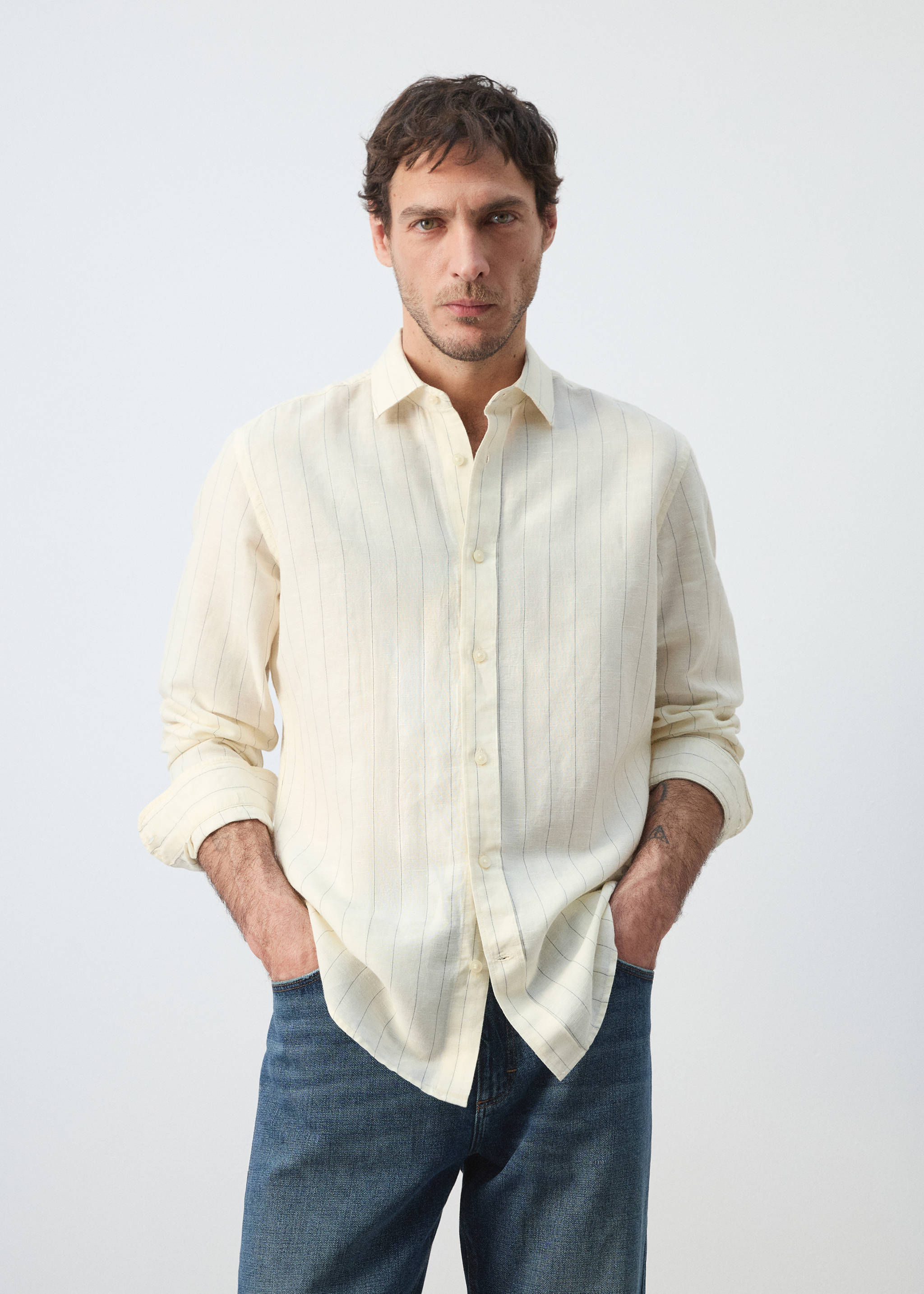 Camisa regular fit lino algodón rayas - Plano medio