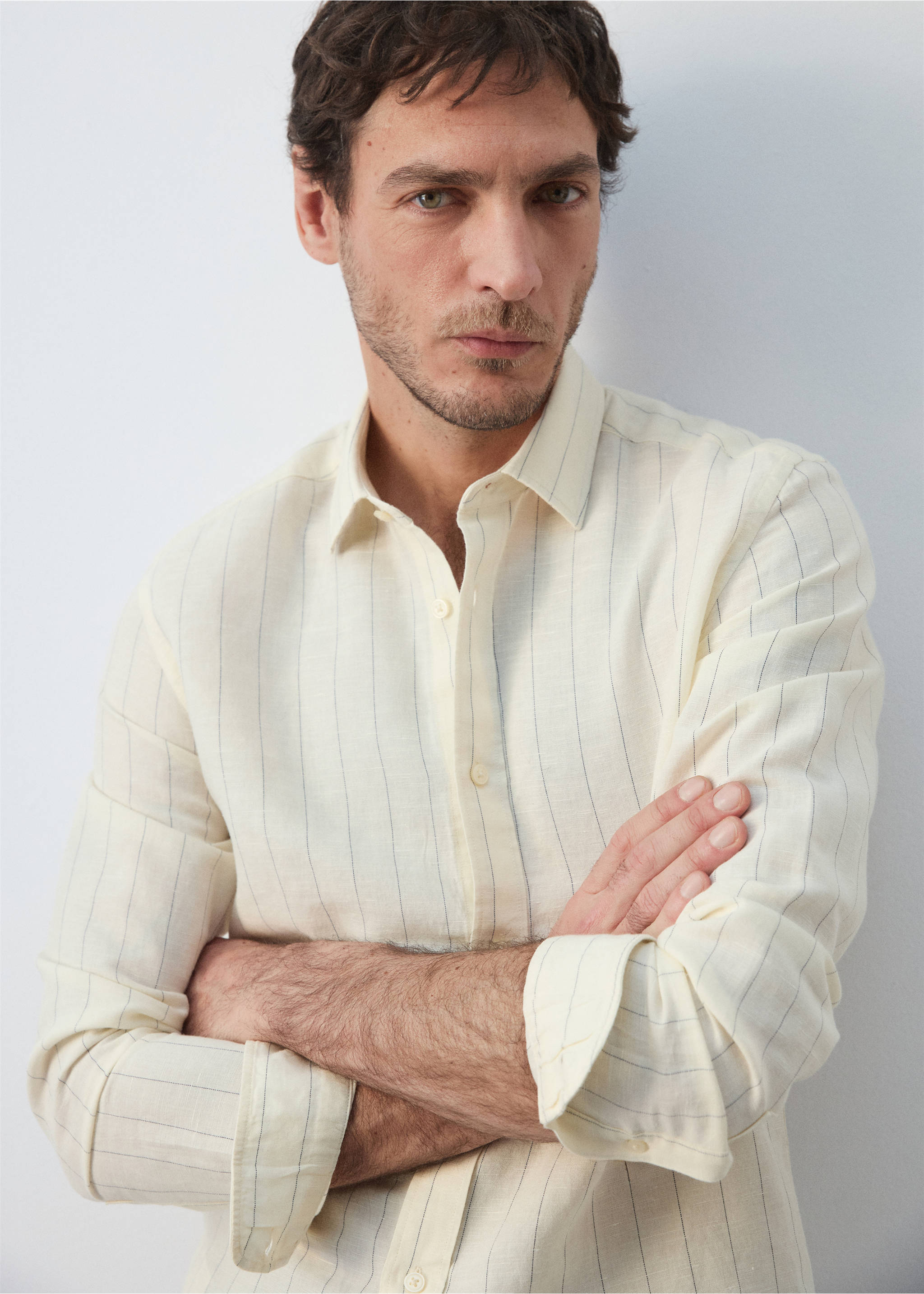 Camisa regular fit lino algodón rayas - Detalle del artículo 1, Crudo. Ref: 27055941-00.