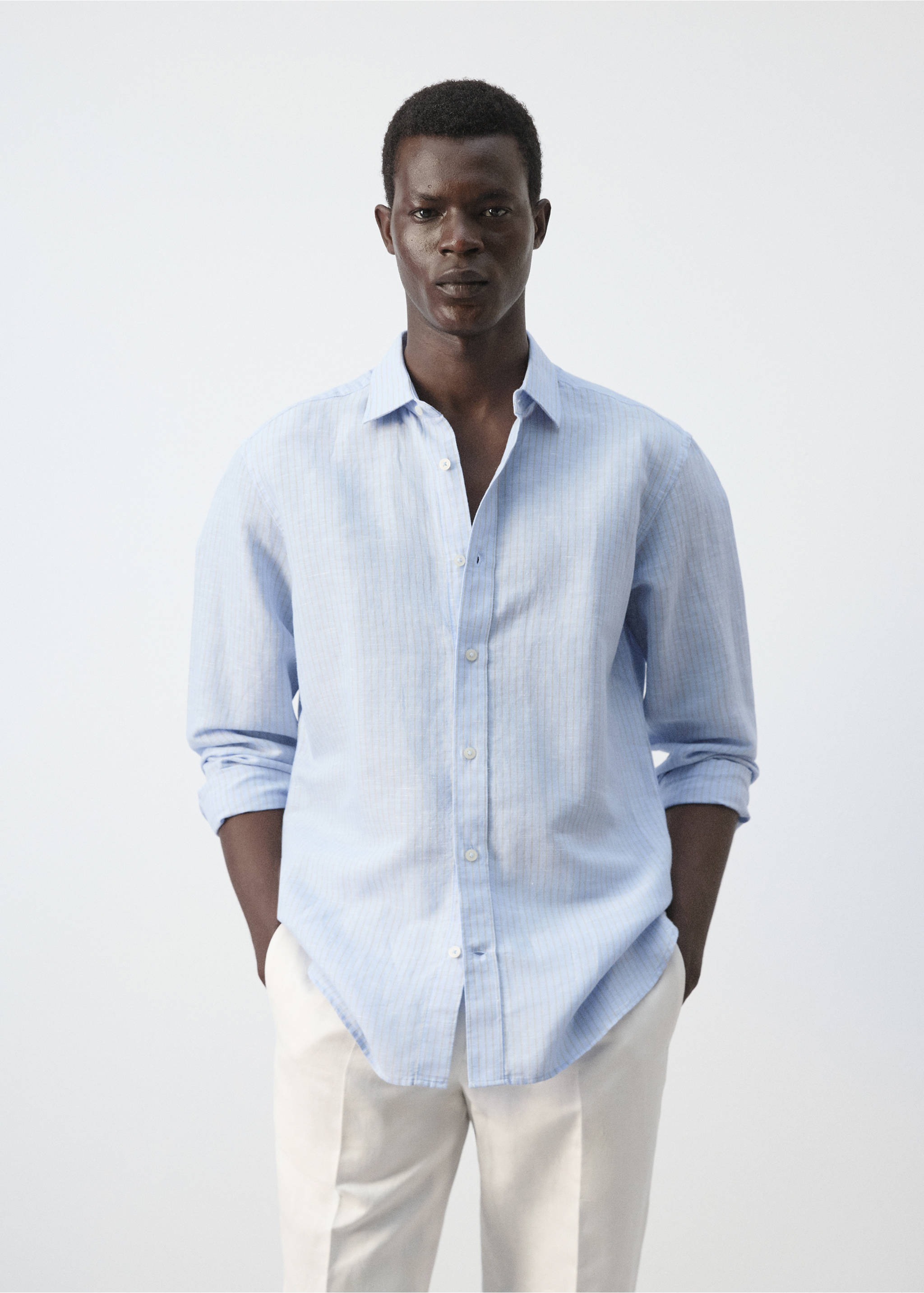 Regular-fit striped cotton-linen shirt - Medium plane, Sky Blue. Ref: 27055941-00.