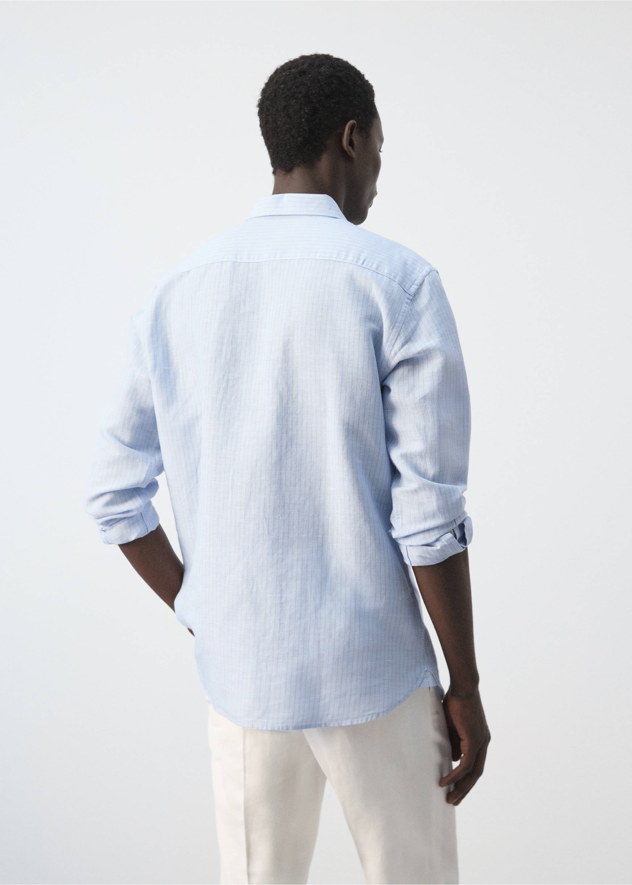 Regular-fit striped cotton-linen shirt - Reverse of the article, Sky Blue. Ref: 27055941-00.