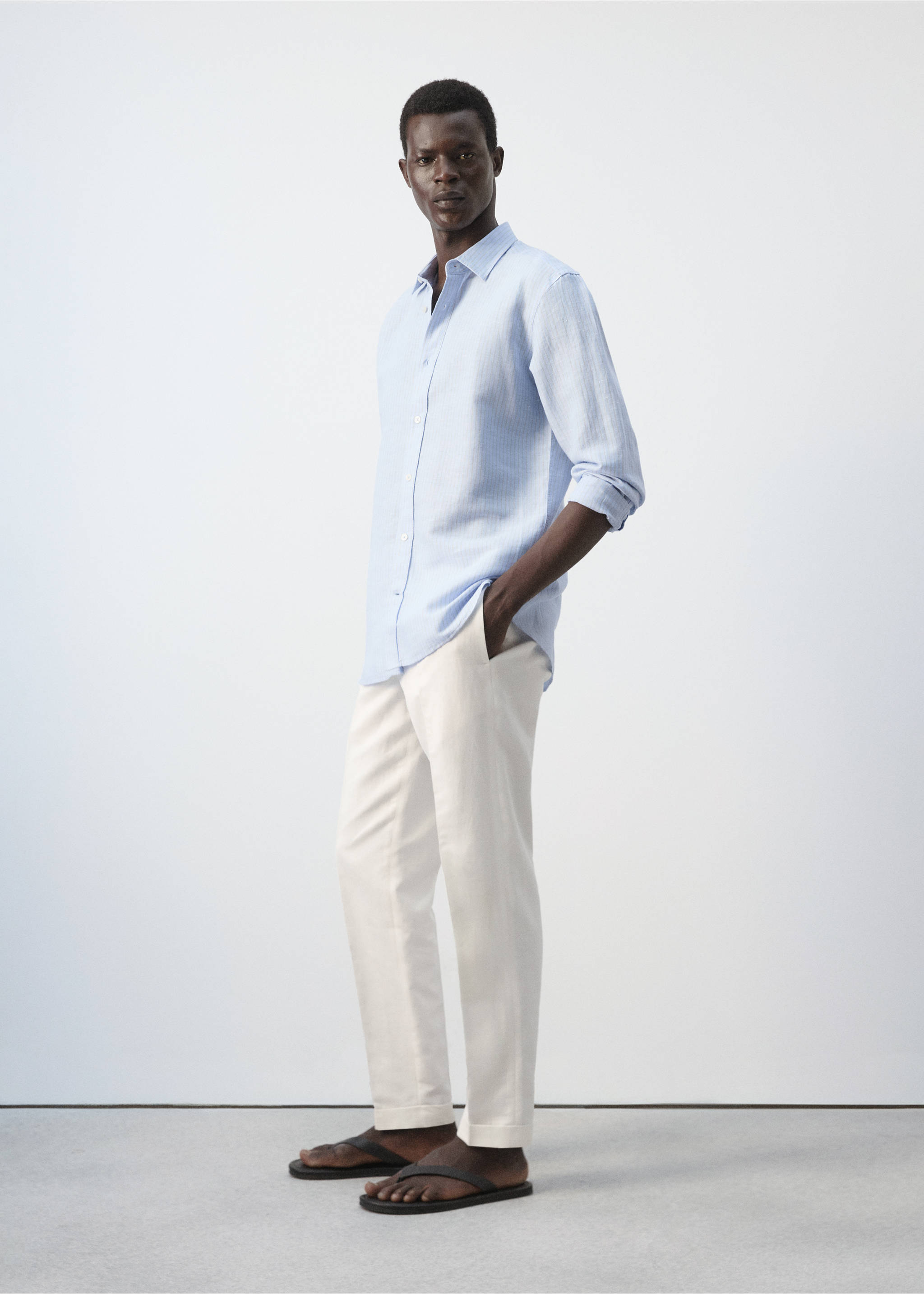 Regular-fit striped cotton-linen shirt - Details of the article 2, Sky Blue. Ref: 27055941-00.