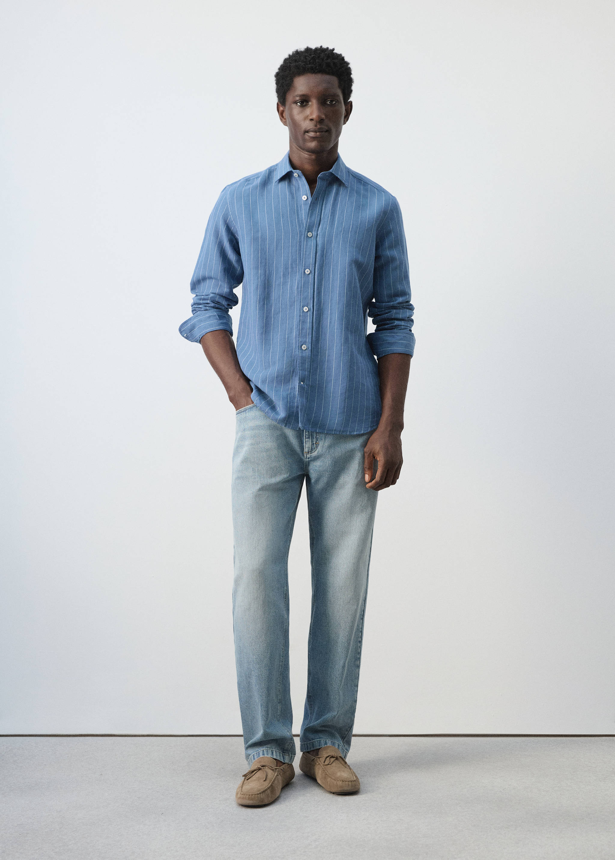 Camisa regular fit lino algodón rayas - Plano general