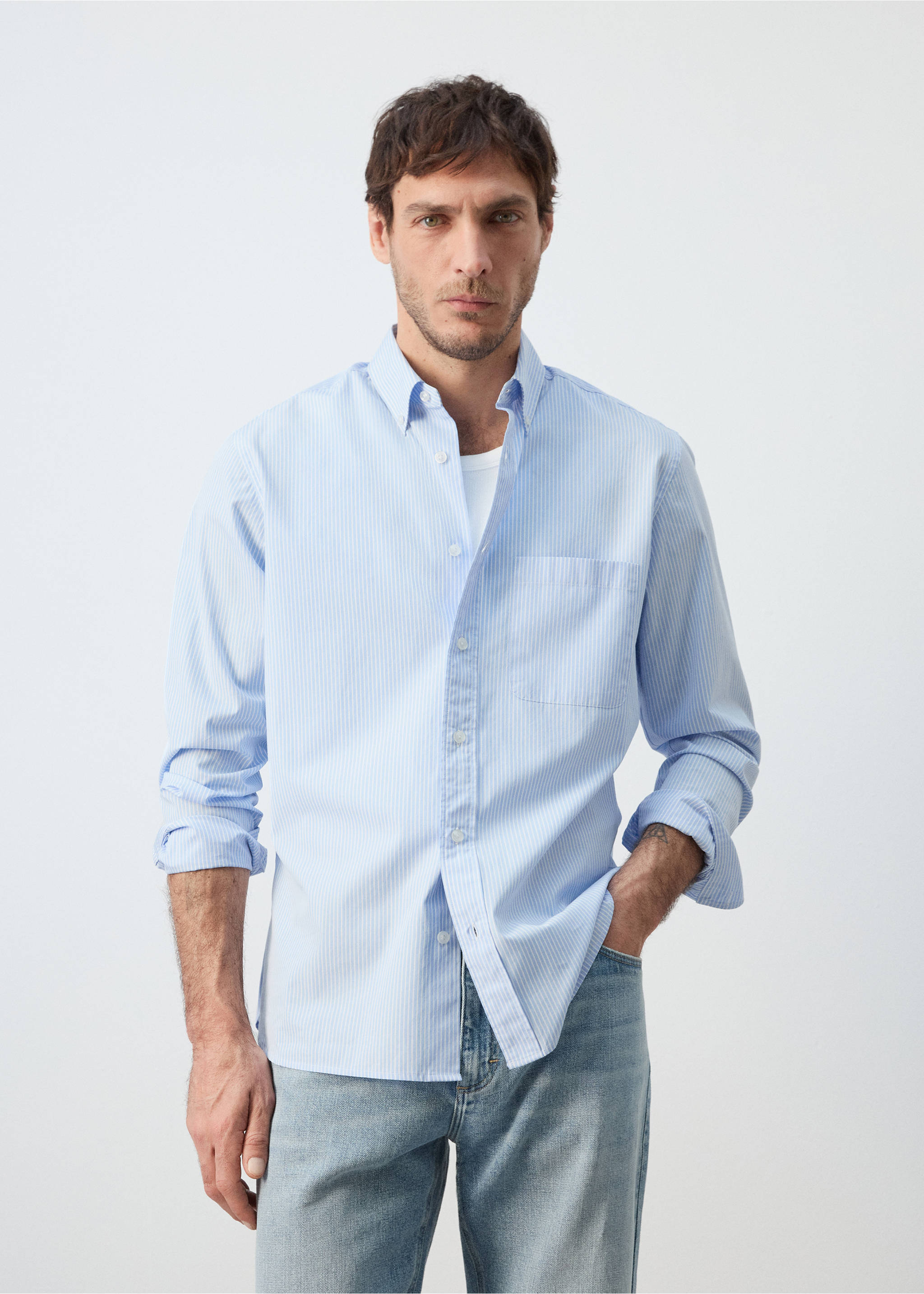 Camisa regular fit 100% algodón rayas - Plano medio, Azul celeste. Ref: 27055945-00.
