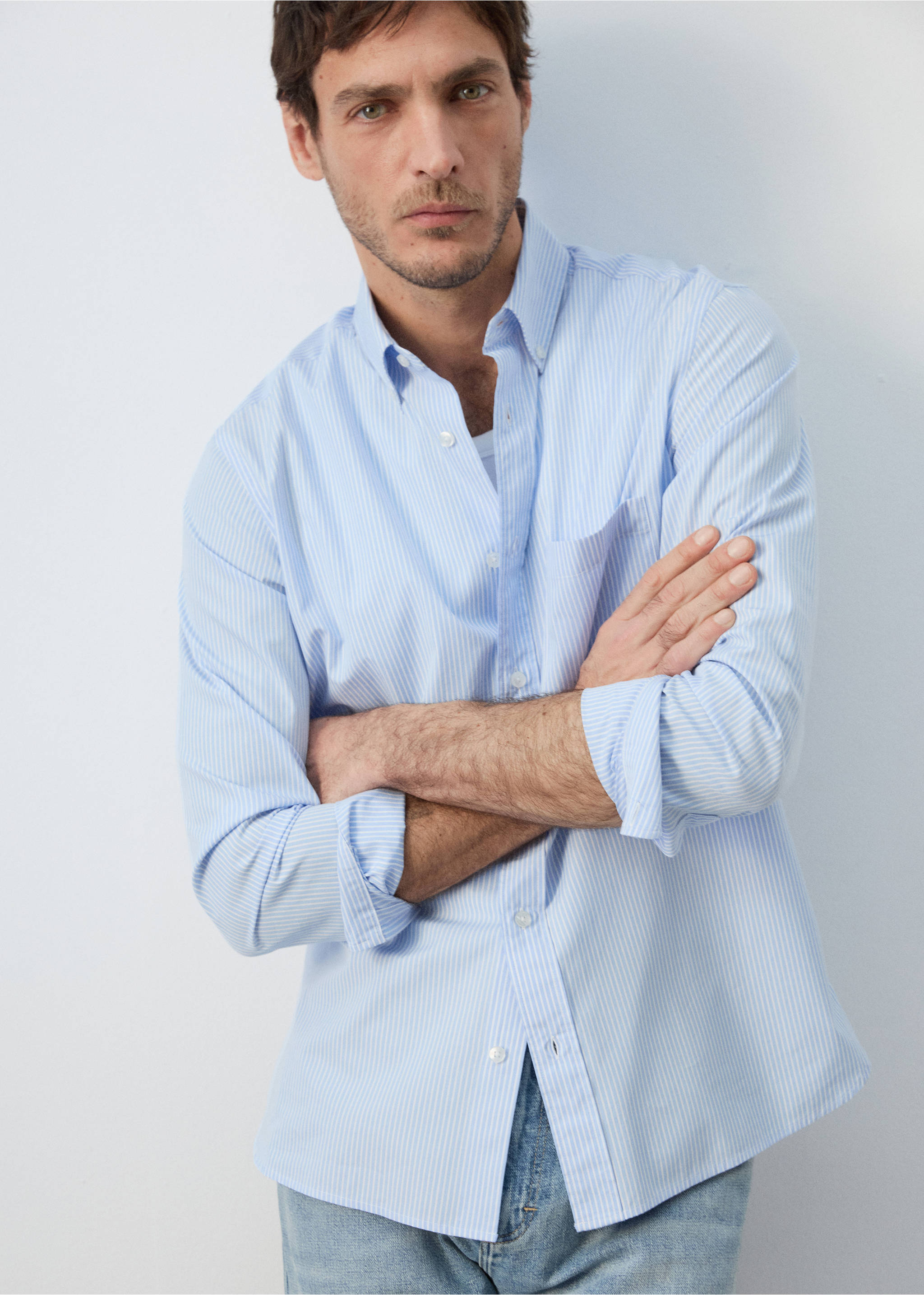 Camisa regular fit 100% algodón rayas - Detalle del artículo 2, Azul celeste. Ref: 27055945-00.