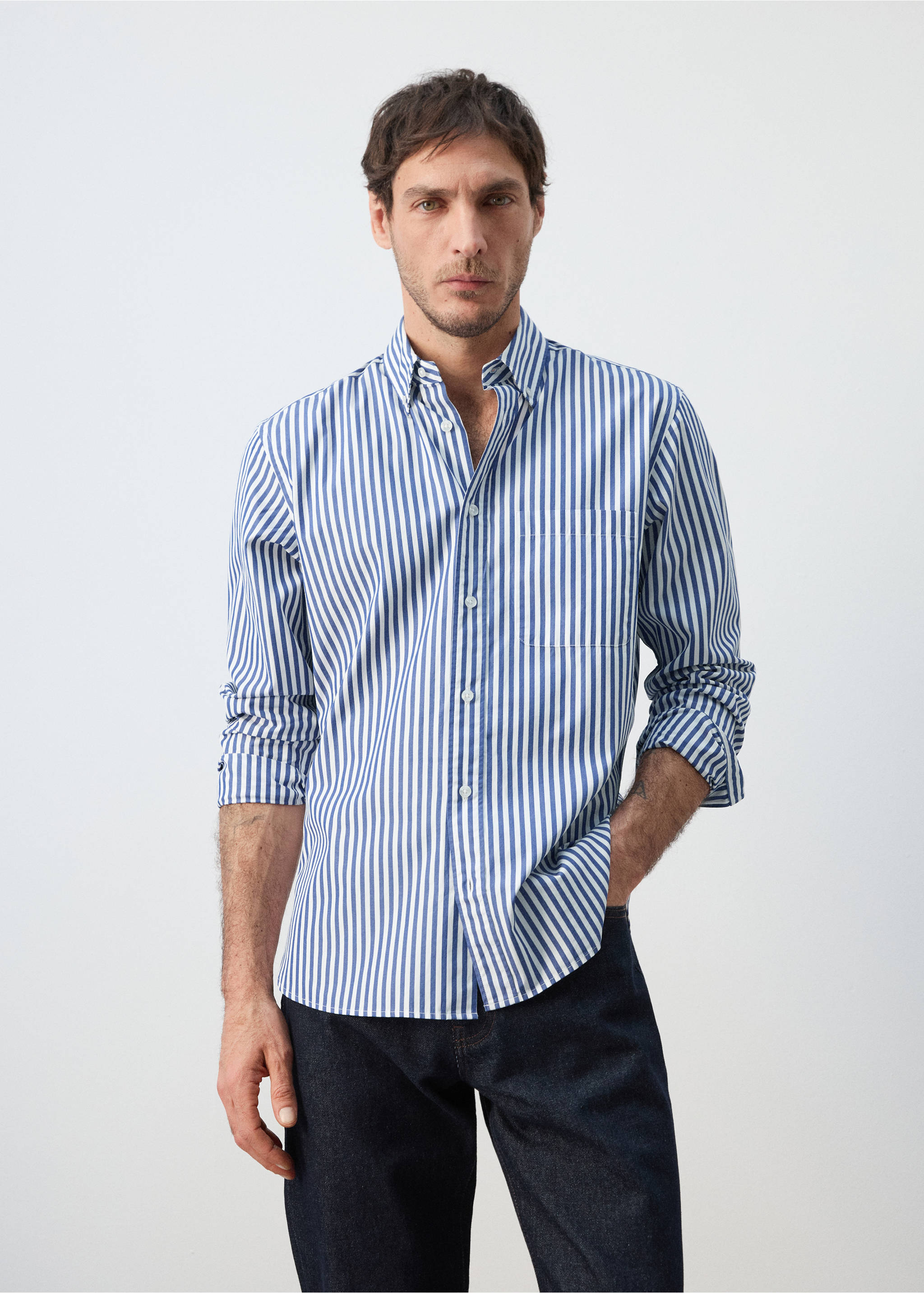 Camisa regular fit 100% algodón rayas - Plano medio, Azul eléctrico. Ref: 27055945-00.