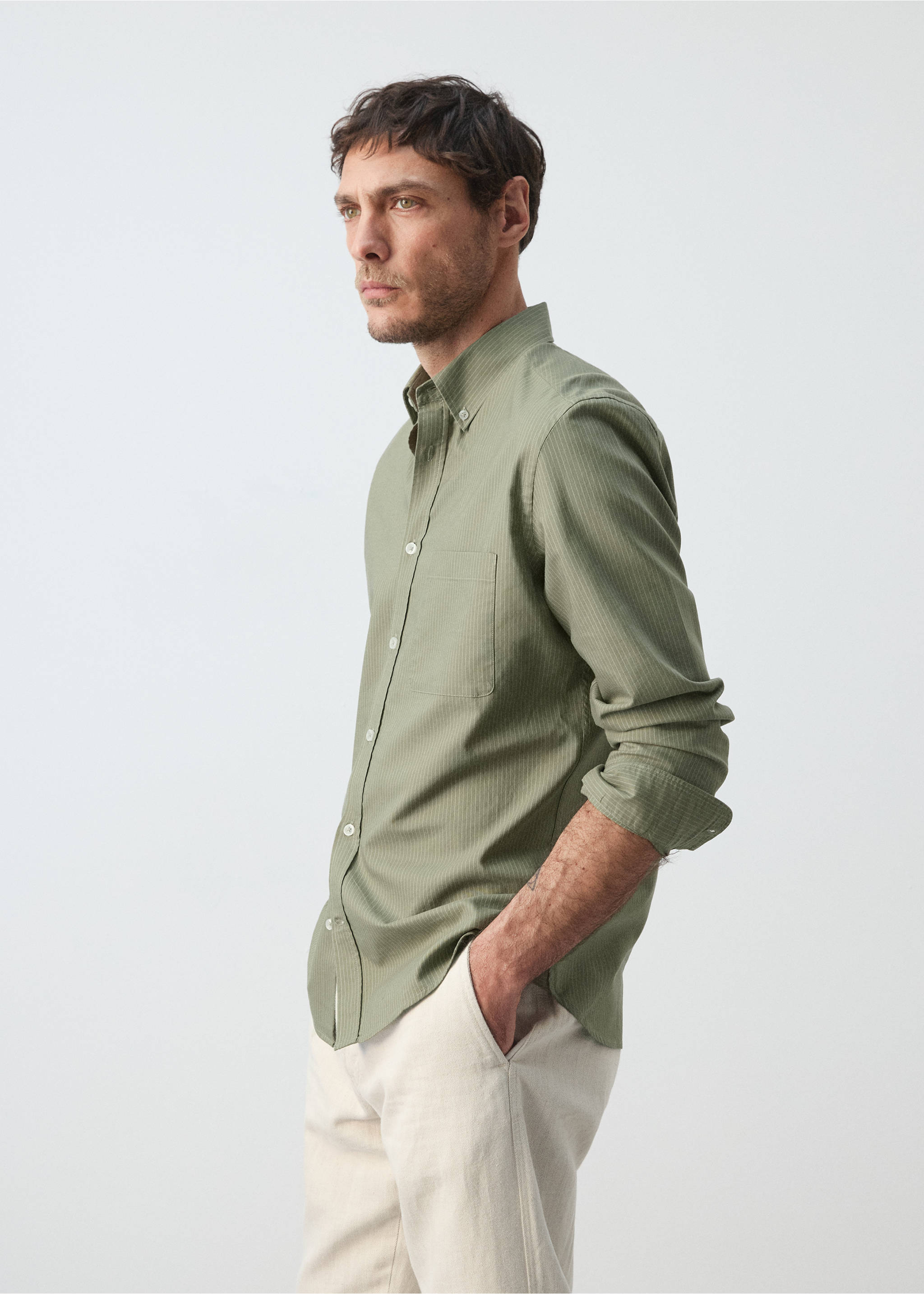 Camisa Oxford regular fit 100% cotó ratlles - Detall de l'article 2, Verd. Ref: 27055947-00.