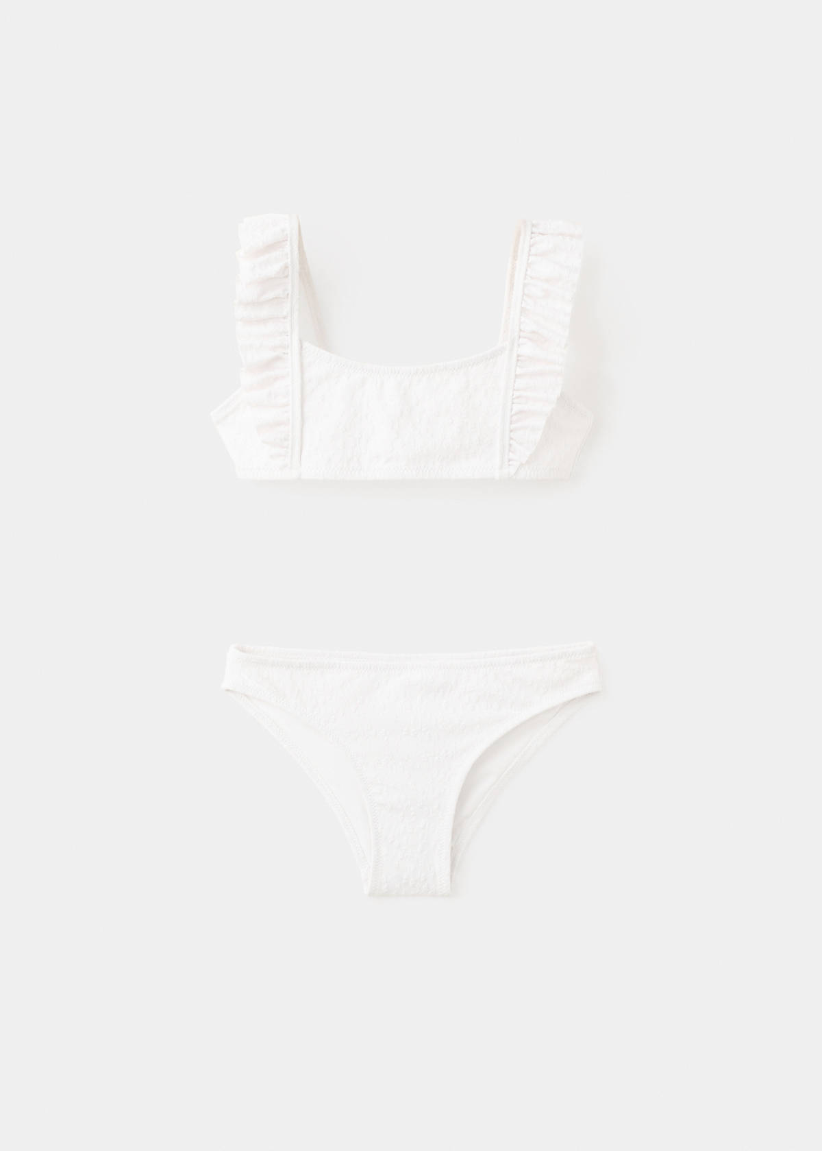 Ruffled floral textured bikini — White