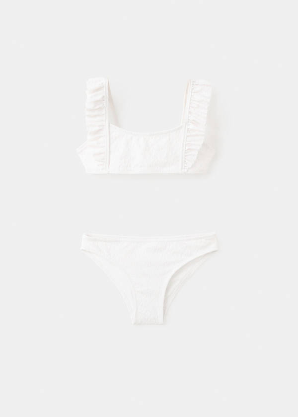 Ruffled floral textured bikini — White