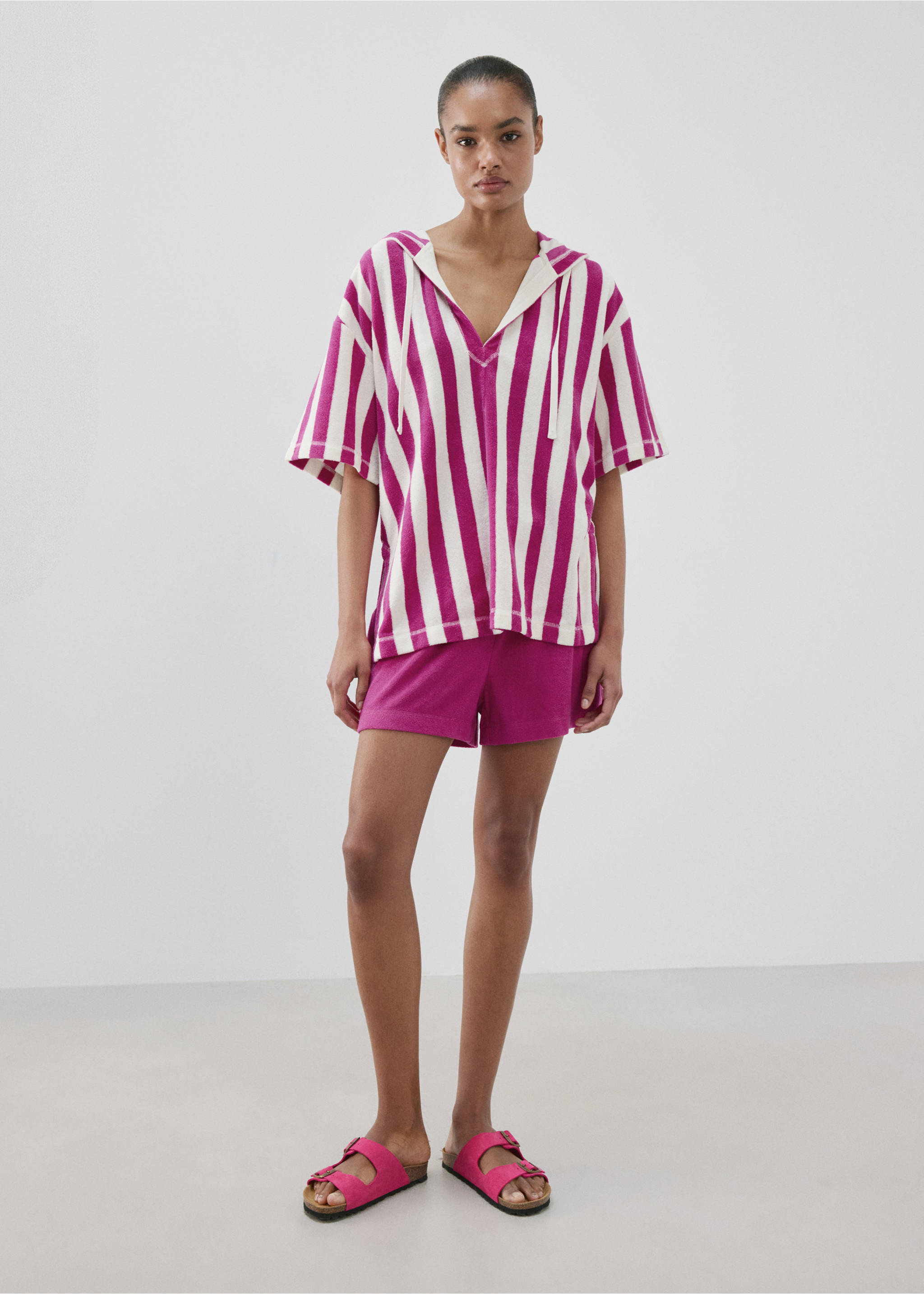 Frottee-Baumwoll-Sweatshirt mit Streifen - Allgemeine Ansicht, Fuchsia. Ref: 27055972-00.